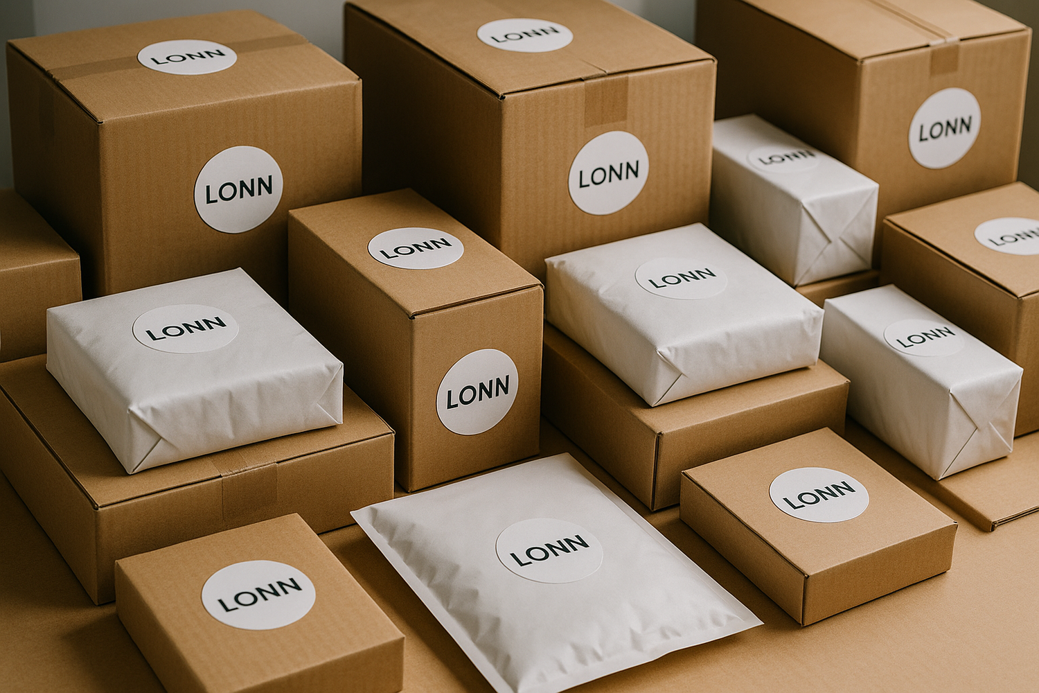 A realistic image of boxes and packages ready to be collected by the courier, showing that orders are being dispatched. The boxes should be brown cardboard and the packages should be white, each having a round white sticker with the LONN logo on in black